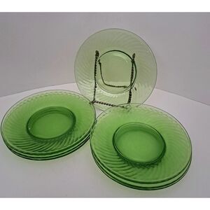 Green Uranium Glass Plates (8) Vintage 1940s Anchor Hocking, Glows Radioactive